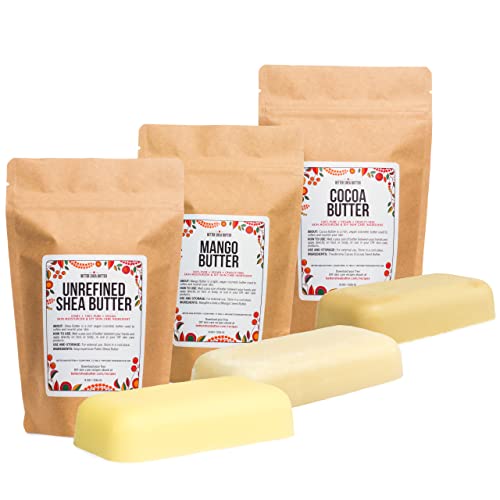 Better Shea Butter Set of Raw Shea Butter, Unrefined Cocoa Butter, Pure Mango Butter | For Soap Making and DIY Body Butters, Lip Balms, Lotions | Each Butter is 8 oz Making 24 oz Total (Bar Set)