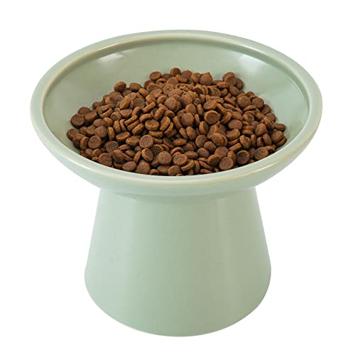 CEEFU Extra Wide Elevated Cat Bowls - Ceramic Cat Food Bowl 6.2" Raised Cat Food Bowls Elevated Shallow Cat Food Dish, Whisker Fatigue, Lead & Cadmium Free, 5" Good Height for Cat Feeding, Green