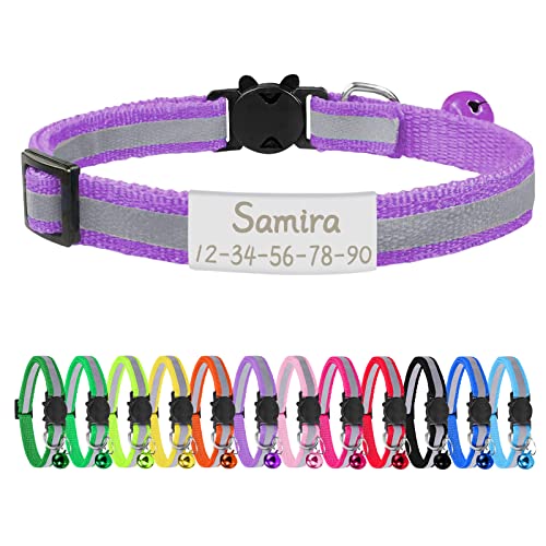 CAMAL Reflective Cat Collar Personalized with Pet ID Tag, Safety Breakaway Cat Collar with Name Tag, Purple Kitten Collar with Bell for Boy Girl Cats Puppies