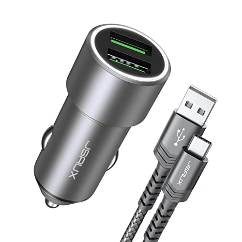 Car Charger, Car USB Charger 36W Fast Charging, JSAUX Metal Dual QC 3.0 Car Adapter with USB-C Cable[3.3ft] Compatible with Samsung Galaxy S10/S9/S8 Plus, Note 9/8, iPhone 7/8/X/XR-Grey