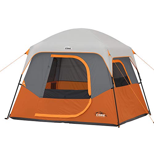 CORE 4 Person Straight Wall Cabin Tent | Portable Camp Tent with Carry Bag for Outdoor Car Camping | Included Tent Gear Loft Organizer for Camping Accessories