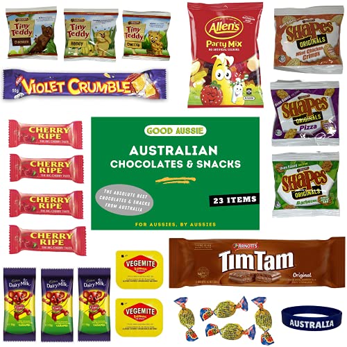 Australian Candy & Snack Box (23 Items) Very Best Australian Food Gift Box - Tim Tam, Allens Party Mix, Vegemite, Cherry Ripe, Shapes, Tiny Teddy, Fantales, Caramello Koala, Violet Crumble & More