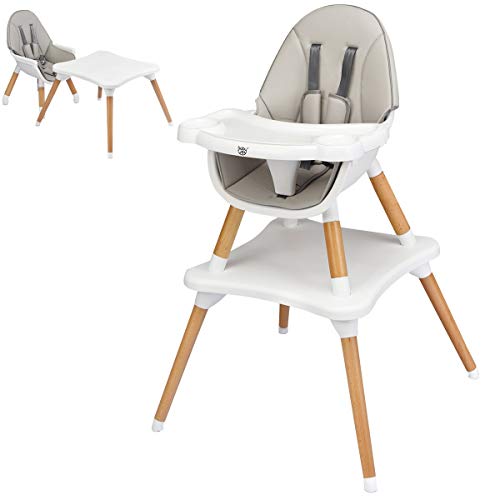 BABY JOY 5 in 1 High Chair, Convertible High Chairs for Babies and Toddlers/Booster Seat/Table and Chair Set, Infant Wooden Highchair w/ 5-Point Harness, 4-Position Removable Tray & PU Cushion, Gray