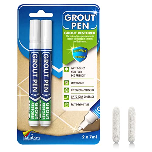 Grout Pen White Tile Grout Paint Marker: Waterproof Tile Grout Colorant and Sealer Pen for Cleaner Looking Floors & Whitener Without Bleach - Narrow 5mm, 2 Pack with Extra Tips (7mL) - White
