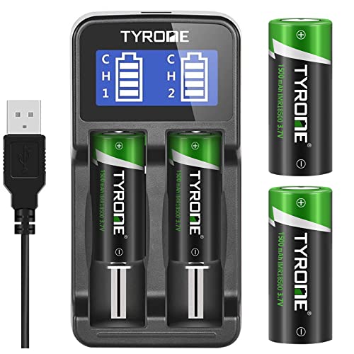 18500 Flat top Batteries with Charger, Tyrone 4 Pack 18500 Rechargeable Batteries [ More Than 1500mAh 3.7V Batteries with 2-Ports Smart Charger ]