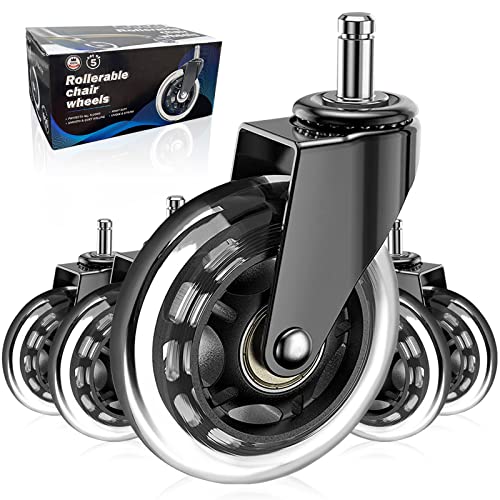 Office Chair Wheels, Set of 5,Huracan,Replacement Rubber Chair Caster Wheels for Hardwood Floor, NOT Compatible for IKEA,Computer Desk Chair Wheels,Heavy Duty Office Chair Casters