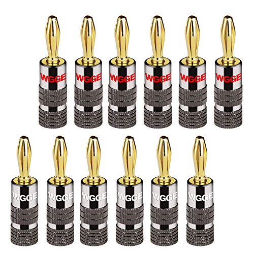 WGGE WG-029 Banana Plugs Audio Jack Connector, 24k Gold Dual Screw Lock Speaker Connector for Speaker Wire, Wall Plate, Home Theater, Audio/Video Receiver, and Sound Systems ((6 Pairs (12 Plugs)))