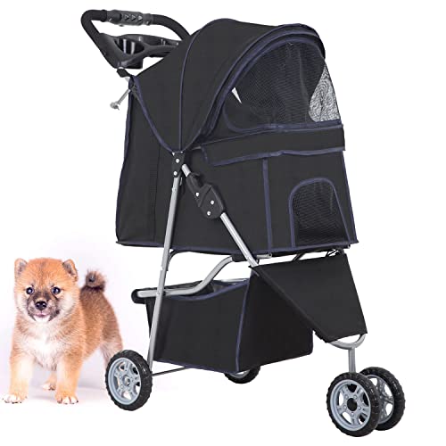 BestPet 3 Wheels Pet Stroller Dog Cat Stroller for Medium Small Dogs Cats Travel Folding Carrier Waterproof Puppy Stroller with Cup Holder (Black)
