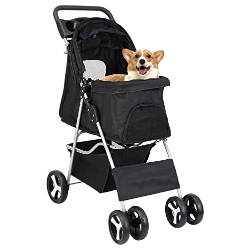 Epetlover Pet Stroller for Dogs, Black 4 Wheels Cat Strolling Cart Foldable Travel Carrier, Waterproof Puppy Jogger Stroller with Storage Basket & Cup Holder