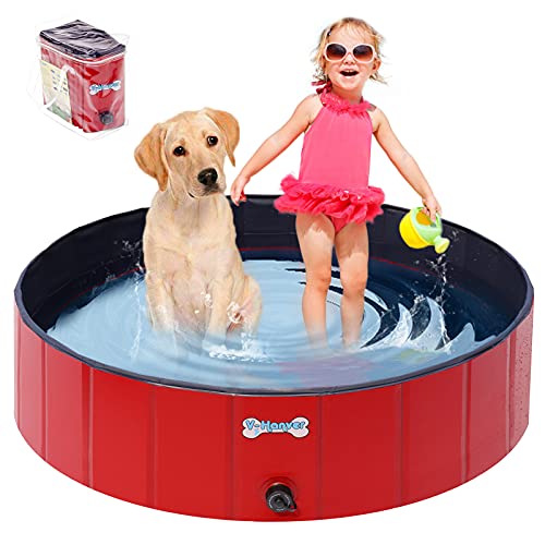 V-HANVER Dog Pool Pets Bathing Tub Plastic Wading Kiddie Pool for Medium and Large Dogs Kids - Portable Foldable Collapsible, 47 X 12 inch