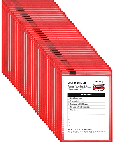 50 Pieces Dry Erase Pockets Reusable Plastic Sleeves Shop Holder Order Pockets Clear Sleeves Tickets Folders Job Ticket Shop Holder Order Pockets Teacher Supplies for Classroom Organization (Red)