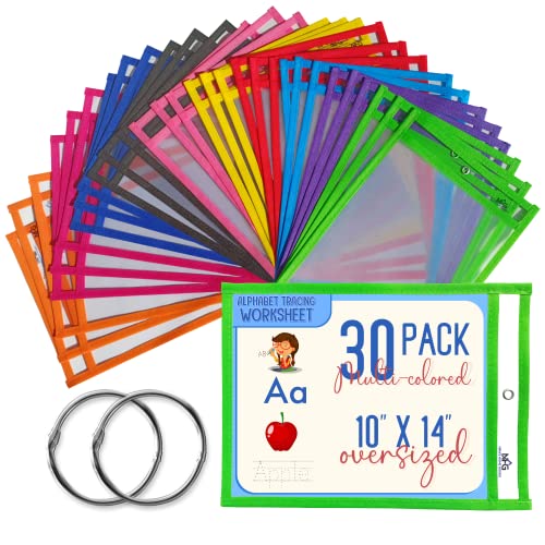 30 Packs Dry Erase Pockets Sleeves  10 Assorted Colors with 2 Rings - 10 x 14 Ticket Holders, Reusable Dry Erase Sheets for Organizing Classroom, Teaching School and Office