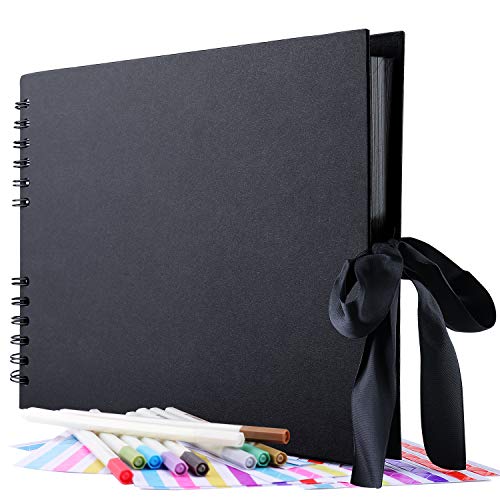 GOTIDEAL 80 Pages Scrapbook Album with 10 Metallic Markers,Craft Paper Photo Album for Wedding and Anniversary, Family DIY Scrapbook Accessories with Scrapbooking Stickers Corners(Black)