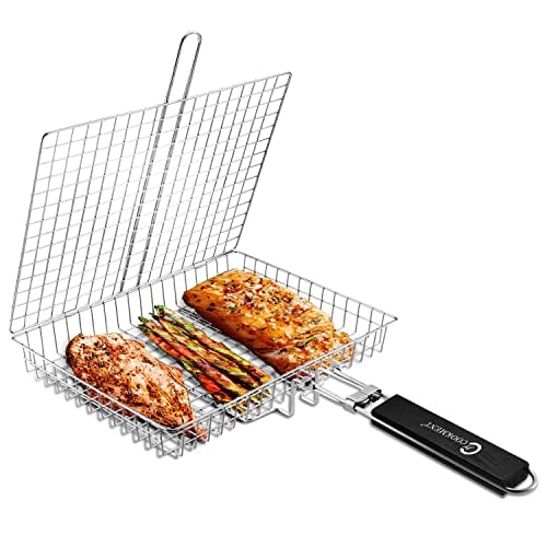 JY COOKMENT Grill Basket Stainless Steel with Portable Removable Handle, Grilling Basket-BBQ Accessories for Vegetable, Shrimp, Fish, Steak and Outdoor Use-Dishwasher Safe