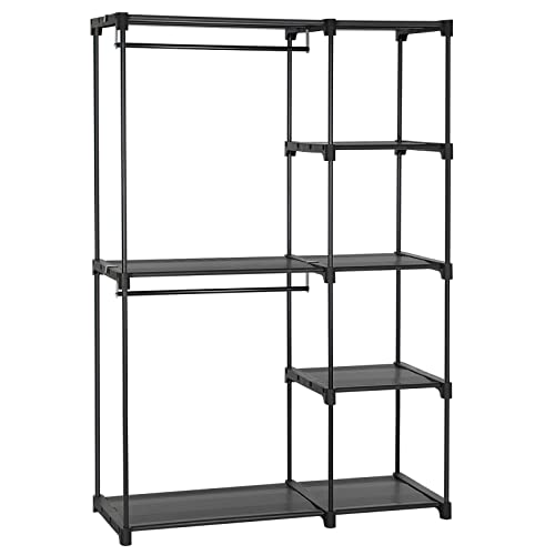 SONGMICS Freestanding Closet Organizer, Portable Wardrobe with 2 Hanging Rods, Clothes Rack, Storage Organizer, Cloakroom, Stable, 44.1 x 16.9 x 65 inches, Black URYG24BK