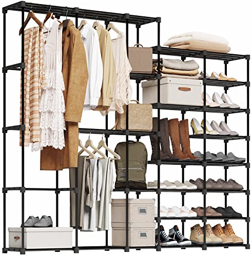 UNITSTAGE Portable Closet Wardrobe with Shoe Rack Freestanding Portable Closets Rack for Hanging Clothes 77.4x11.8x66 Inches for Bedroom Living Room with Plastic Connectors Rubber Hammer Black
