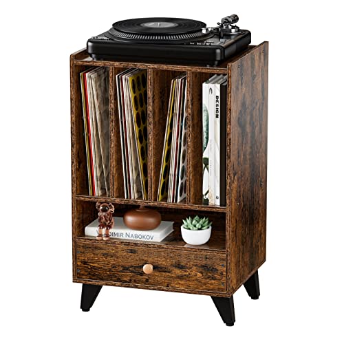 Gannyfer Vinyl Record Storage Table,3-Tier Record Player Stand with Metal Legs,Cube Turntable Stand Record Holder Up to 150 Albums,Retro Vinyl Storage Cabinet Display Shelf for Bedroom Living Room