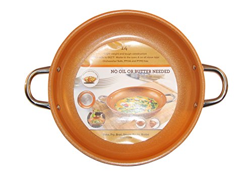 Copper Frying Pan 14-Inch Non Stick Ceramic Infused Titanium Steel Oven Safe, Dish Washer Safe, Scratch Proof Round Handles For Comfort Grip