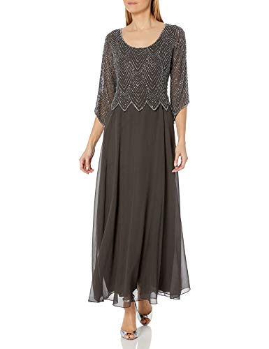 J Kara Women's Scoop Neck 3/4 Sleeves Long Dress, Slate/MERC/Coal/Silver, 10