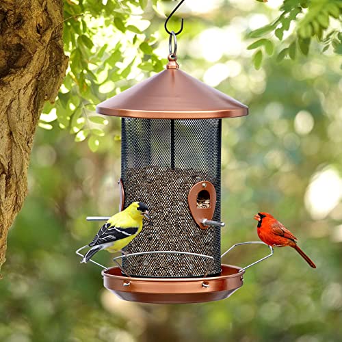 Wild Bird Feeders for Outdoors Hanging Squirrel Proof - 12.6inch Large Metal Bird Feeder with Copper-Look for Garden Yard Outside Decor,Gardening Gifts for Women/Men