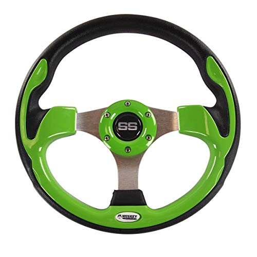 Huskey 12.5 Inch Lime Green Golf Cart Steering Wheel for Club Car/EZGO/Yamaha,Classic Super Sport Center Logo,Brushed Aluminum Spokes and Anti-slip Grip(Adapter Required and Sold Separately)
