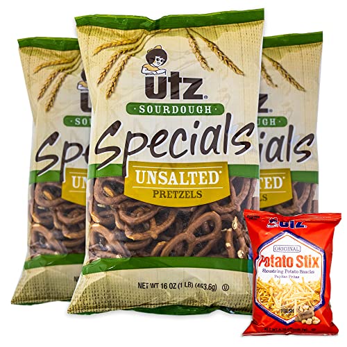 Utz Sourdough Specials Unsalted Pretzels (3, 16oz bags) - Variety Pack - Utz Potato Stix (1, 3.75oz bag) - Delicious, Crunchy, Gourmet Pretzels - 4 Items Total