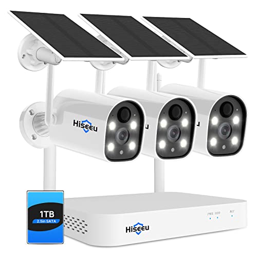 Hiseeu Solar Battery Powered Wireless Security Camera System,100% Wire-Free 3-Cam Kits,2K HD, Spotlight, Color Night Vision, 2-Way Audio, PIR, Wall Mount, Waterproof, Record with 1TB HDD Home Secuirty