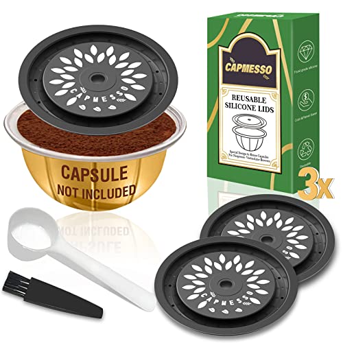 CAPMESSO Reusable Coffee Capsule Lids for Reusable Nespresso Pods Vertuo, Food Grade Silicone Caps for Any Sizes of Refillable Vertuo Pods with Scoop and Brush(3PCS Silicone Caps)