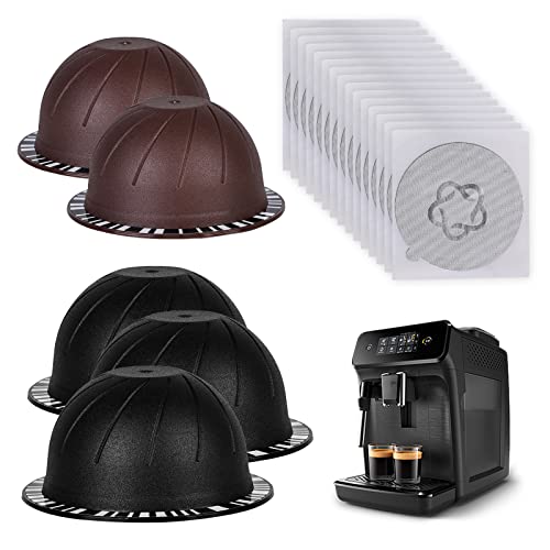 5pcs Reusable Vertuo Pods Refillable Coffee Capsules Vertuo Capsule for VertuoLine Refill Vertuoline Pod Compatible with Nespresso Vertuo 150/230 ml with 15pcs Aluminum Foil Lids (3pcs Black (230 ml))