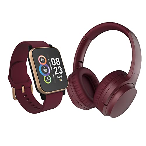 ITECH Fusion 2 S Smartwatch with Wireless Headphones, Heart Rate, Step Counter, Sleep Monitor, Message, IP67 Water Resistant Unisex, Touch Screen, Compatible with iPhone and Android (Burgundy)