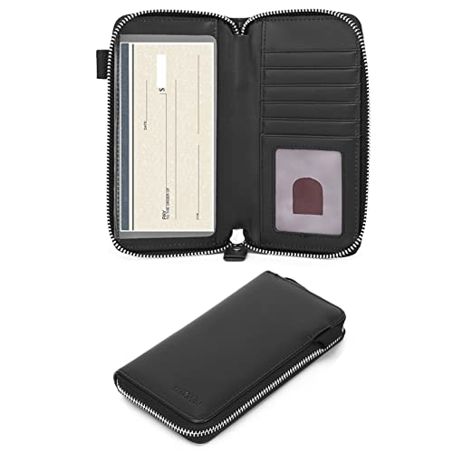 LLi Cufite Genuine Leather Zipper Checkbook Cover with Divider & Card Holder Italian Calfskin, For Men & Women, Deluxe Check Holder RFID Blocking