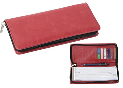 2Fold Business Size and Travelers Check Large Checkbook Cover with Zipper for Side and Top Tear Checks - Synthetic Leather Feel Check Book Cover with Built in Duplicate Check Sleeve and Pockets - Red