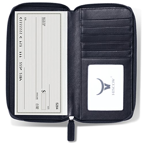 HISCOW Zippered Checkbook Cover & Card Holder with Divider - Italian Calfskin (Black)