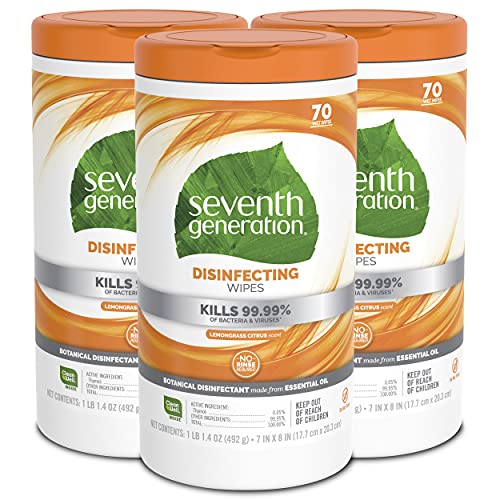 Seventh Generation Disinfecting Multi-Surface Wipes, Lemongrass Citrus, 70 Count, Pack of 3 (Packaging May Vary)