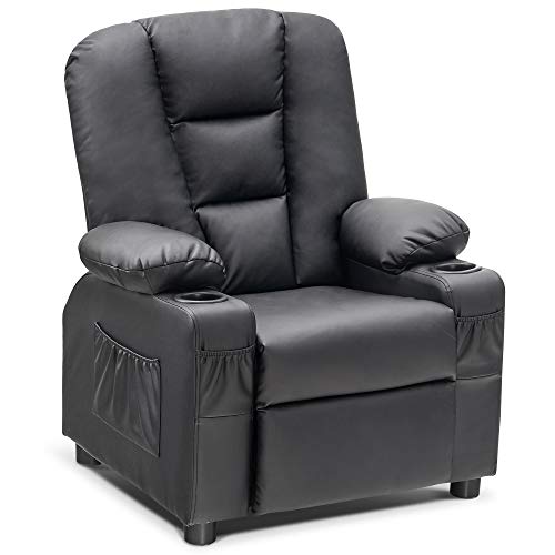 MCombo Big Kids Recliner Chair with Cup Holders for Toddler Boys and Girls, 2 Side Pockets, 3+ Age Group, Faux Leather 7322 (Black)