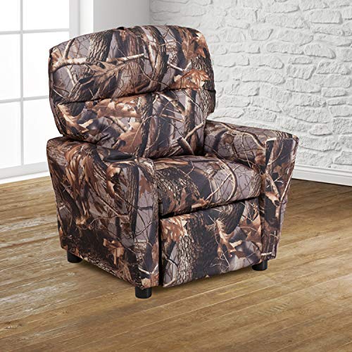 EMMA + OLIVER Camouflaged Fabric Kids Recliner with Cup Holder