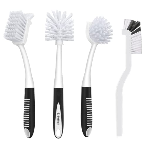 SetSail Dish Brush Set of 4 with Bottle Brush, Dish Scrub Brush with Long Handle Deep Cleaning Handle Brush with Scraper Tip for Kitchen Sink Dishes Bottle Cup Pot and Pans Tile Lines, Black