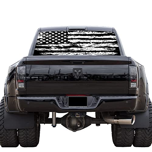 GRAPHIX EXPRESS Truck Back Window Graphics - Black and White American Flag Decal (P531 - Patriotic USA Flag - Universal See Through Rear Window Vinyl Wrap - Full Window Decals for Trucks