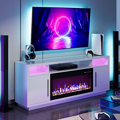 BELLEZE 69" Fireplace TV Stand for TVs Up to 75", LED Light Entertainment Center with 36" Electric Fireplace, Storage Cabinet, Media Console Table for Living Room - Avenue (White)
