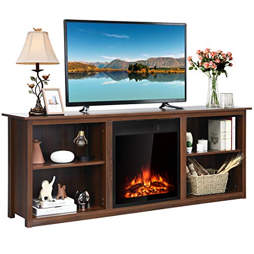 Tangkula Fireplace TV Stand, Entertainment Center w/22.5 Inches Electric Fireplace, Television Stand for TV Up to 75 Inches, Heater with Remote Control & Adjustable Brightness (Walnut)