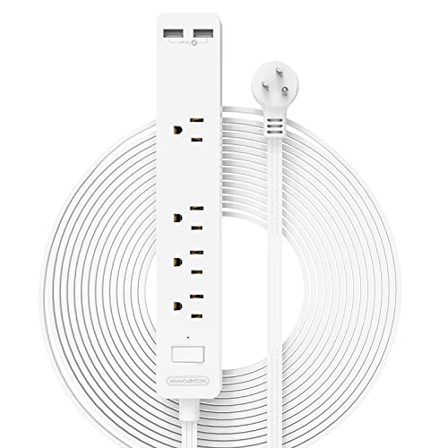 Long Extension Cord 15 ft, NTONPOWER Ultra Thin Flat Extension Cord Under Carpet, Rug, Door, Wall Mount Power Strip Flat Plug with 4 Outlets 2 USB, Overload Protection for Home Office Indoor, White