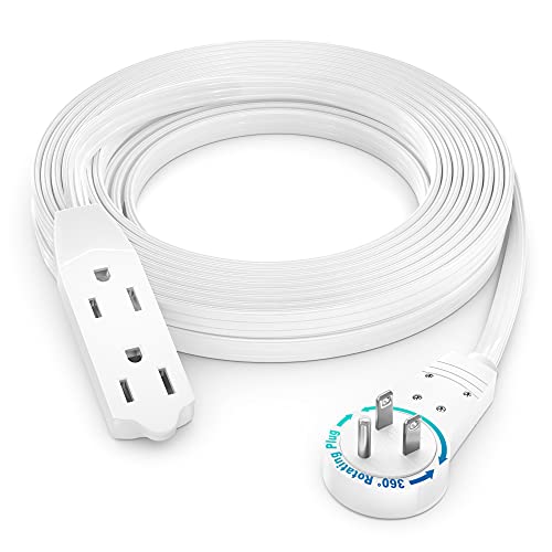 Maximm Cable 15 Ft 360 Rotating Flat Plug Extension Cord/Wire, 16 AWG Multi 3 Outlet Extension Wire, 3 Prong Grounded Wire - White - UL Certified