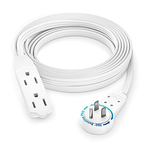 Maximm Cable 12 Ft 360 Rotating Flat Plug Extension Cord/Wire, 16 AWG Multi 3 Outlet Extension Wire, 3 Prong Grounded Wire - White - UL Certified