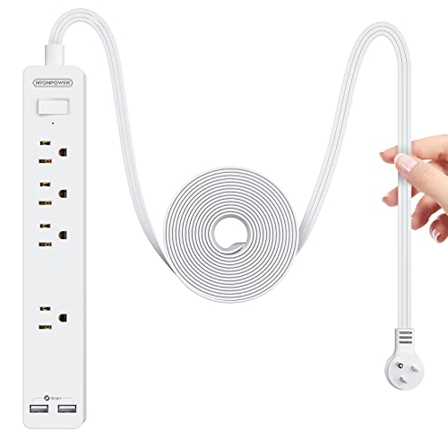 NTONPOWER Flat Extension Cord 10 Ft, Flat Extension Cord Under Carpet, Rug, Flat Plug Power Strip, Wall Mount, Ultra Thin Extension Cord with 4 Outlets and 2 USB Ports for Indoor Home Office Dorm