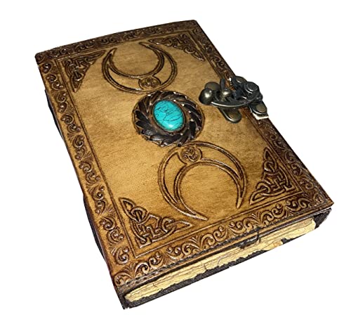 book of shadows spell book wiccan journal triple moon turquoise stone leather notebook grimoire blank sketchbook deckle edge paper 200 pages prop witch journal 7x5 inch