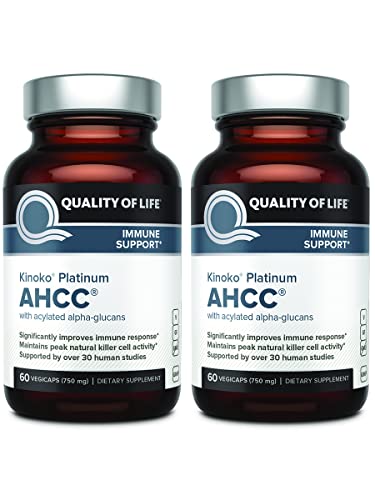 Quality of Life 2 Pack AHCC Kinoko Platinum 750 mg Premium Immune Support Supplement 60 Count Bottles