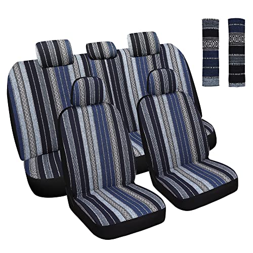 HAIYAOTIMES Baja Saddle Blanket Car Seat Covers Full Set with Seat Belt Pads, Washable Breathable Seat Covers for Cars, Universal Fit Interior Covers for Most Sedan Truck SUV, Airbag Compatible, Blue