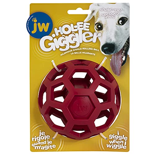 JW Hol-ee Roller Dog Fetch Treat Dispenser Puzzle Ball Makes Fun Giggle Sounds While Dispensing Treats; Medium 4.5 Inch Diameter, Red, (60641)