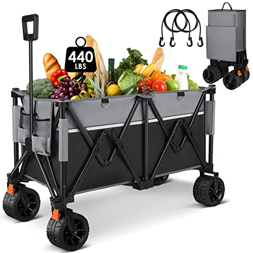 Raynesys Collapsible Wagons Heavy Duty 440 lbs Folding Beach Carts with Big All-Terrain Wheels, Utility Lounge Wagon Garden Cart with 200L Capacity for Outdoor, Sports, Shopping, Camping, Black & Gray