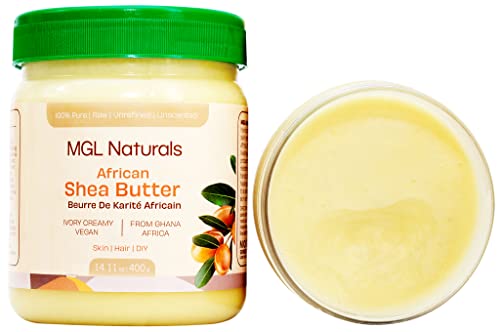 Organic African Shea Butter Ivory by MGL Naturals, 100% Pure, Raw, Grade A, Vegan, & Organic. Intensive daily nourishing and moisturizing butter for all skin types and hair textures. Best for use it alone or DIY cosmetics formulation recipes. Fair Trade and Organic principles, sustainably sourced from determined rural women in Ghana, West Africa. 14.11oz | 400g. (Extra free 2oz)